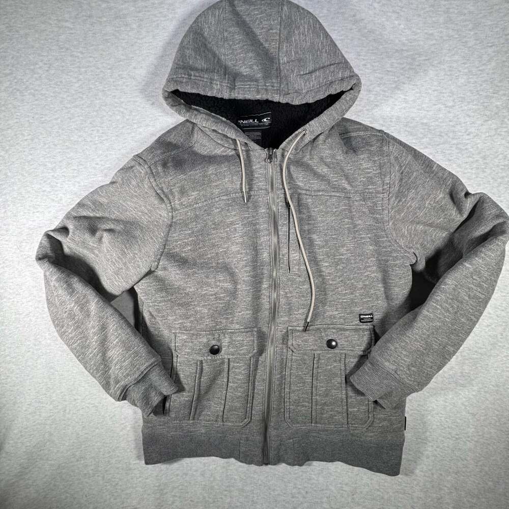 O'Neill Men's Gray Sherpa Lined Full Zip Hoodie with Front Cargo Pockets